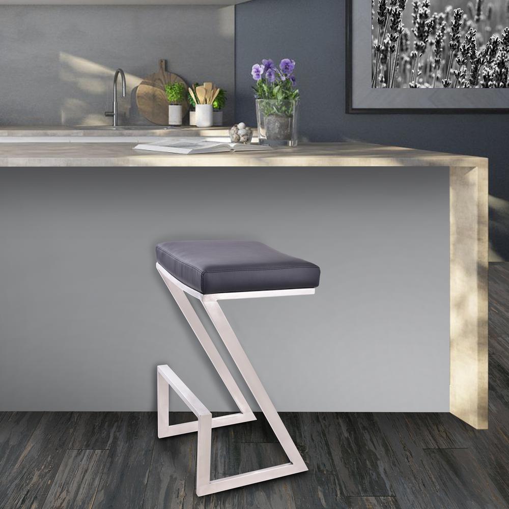 26" Counter Height Backless Barstool in Brushed Stainless Steel finish with Black Faux Leather. Picture 5