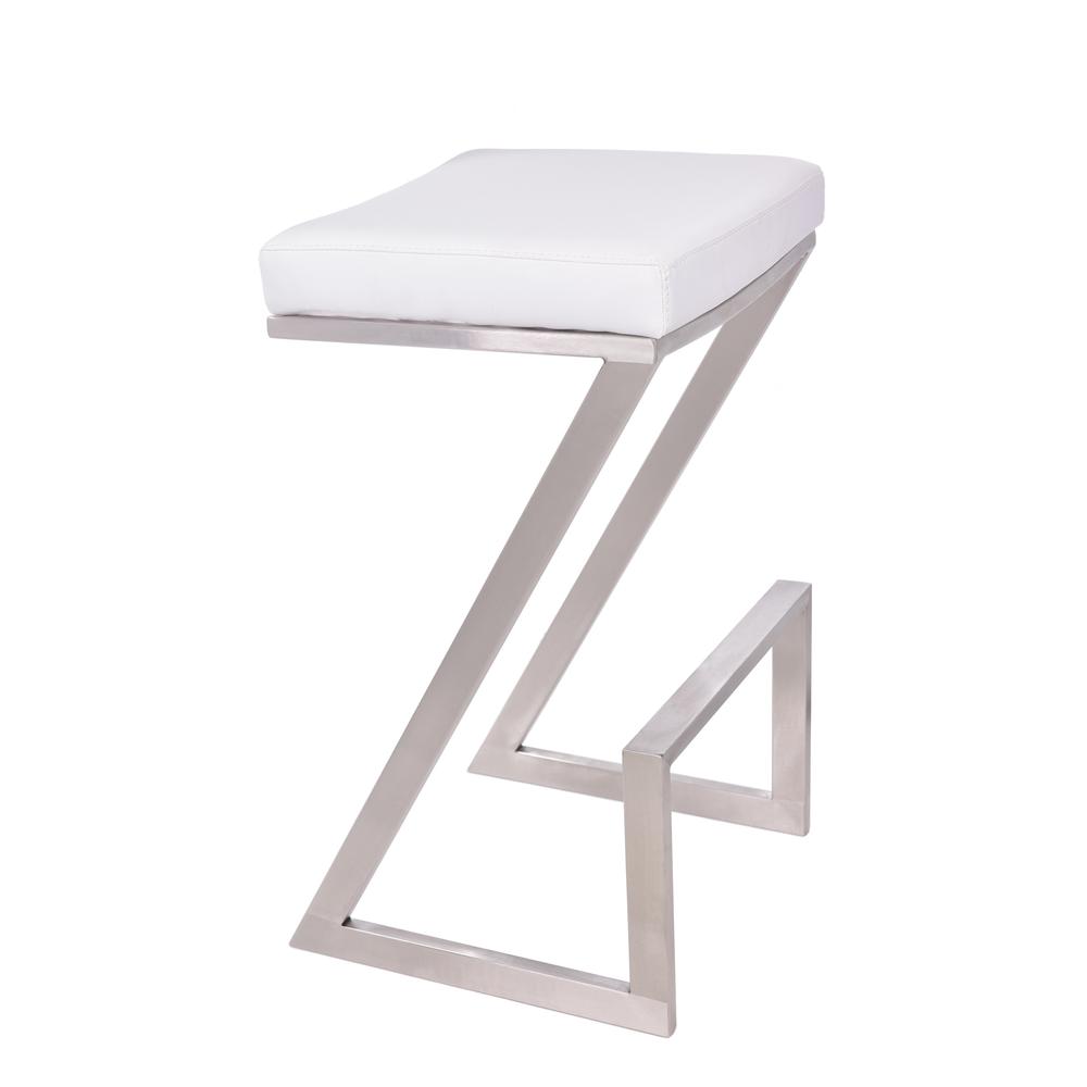 Armen Living Atlantis 26" Counter Height Backless Barstool in Brushed Stainless Steel finish with White Faux Leather. Picture 1