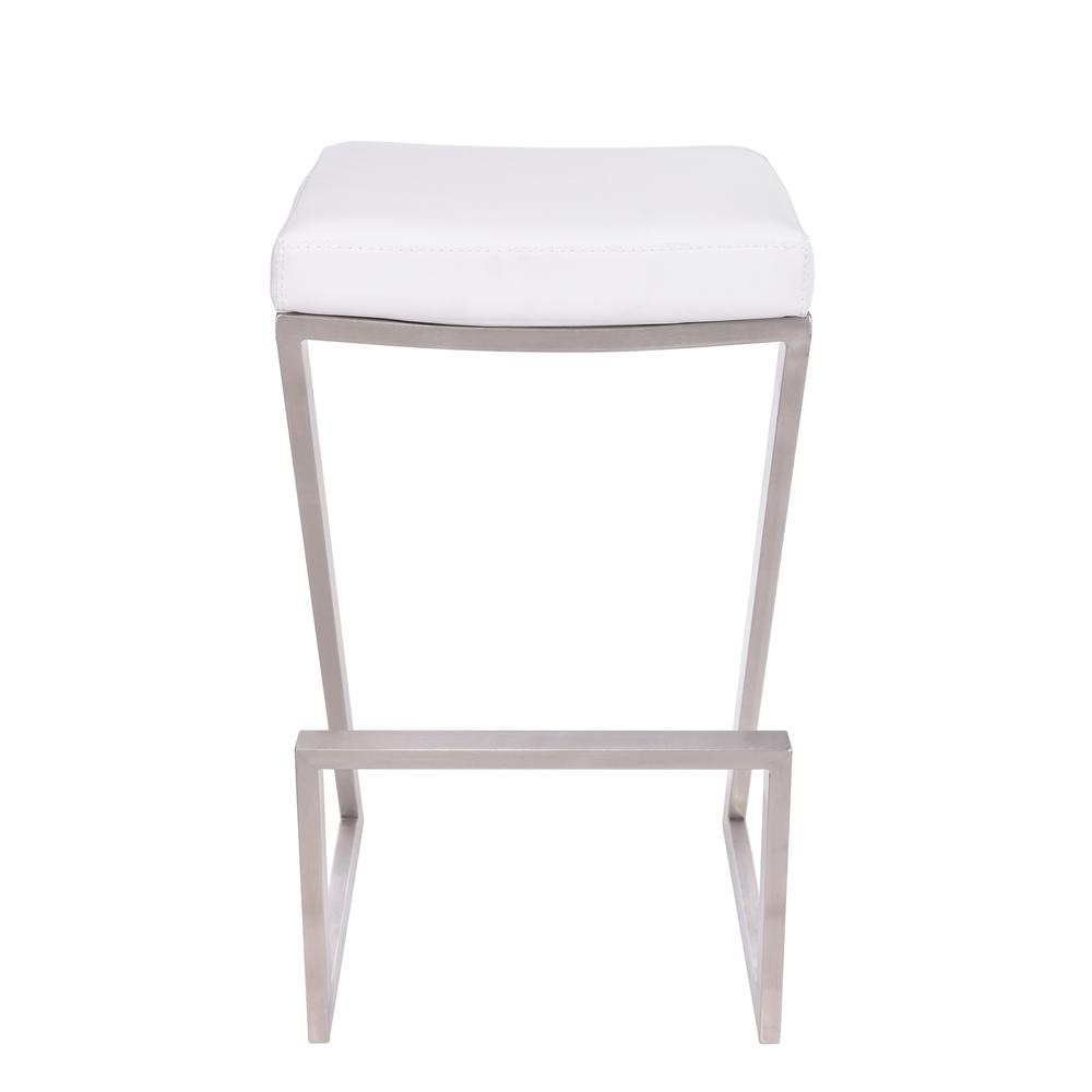 Armen Living Atlantis 26" Counter Height Backless Barstool in Brushed Stainless Steel finish with White Faux Leather. Picture 2