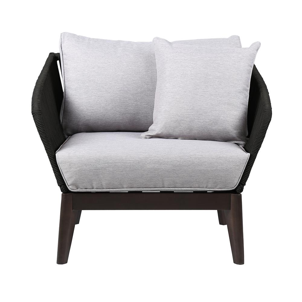 Athos Indoor Outdoor Club Chair in Dark Eucalyptus Wood with Latte Rope and Grey Cushions. Picture 1