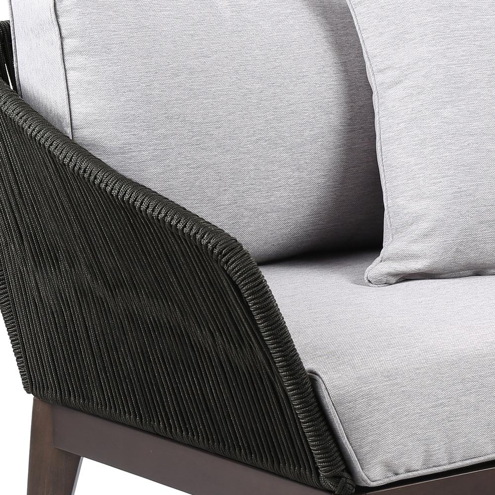 Athos Indoor Outdoor Club Chair in Dark Eucalyptus Wood with Latte Rope and Grey Cushions. Picture 2