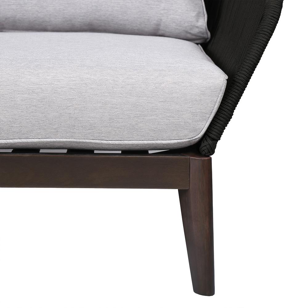 Athos Indoor Outdoor Club Chair in Dark Eucalyptus Wood with Latte Rope and Grey Cushions. Picture 5