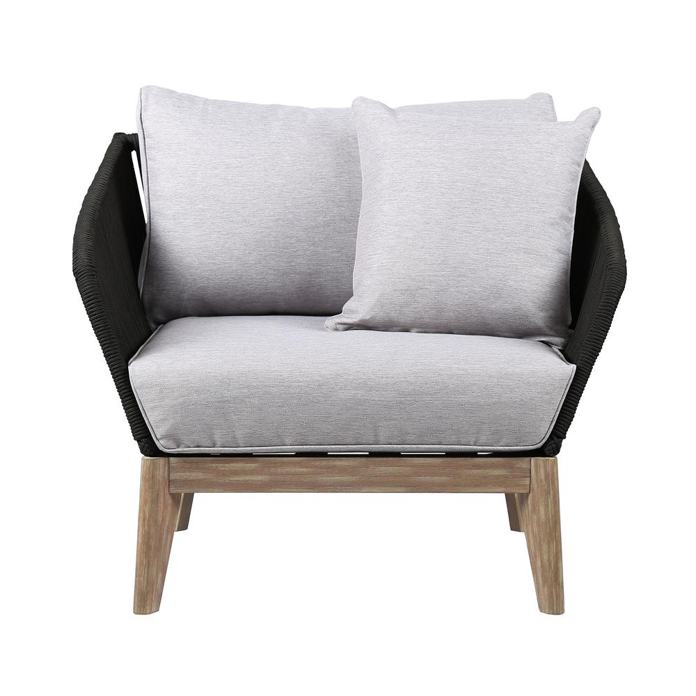 Athos Indoor Outdoor Club Chair in Light Eucalyptus Wood with Latte Rope and Grey Cushions. Picture 1