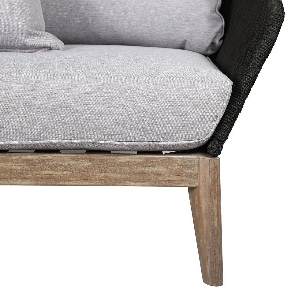 Athos Indoor Outdoor Club Chair in Light Eucalyptus Wood with Latte Rope and Grey Cushions. Picture 5