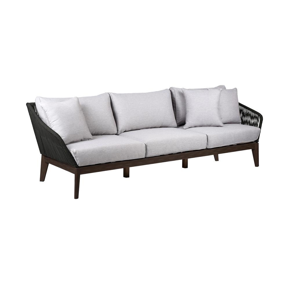 Athos Indoor Outdoor 3 Seater Sofa in Dark Eucalyptus Wood with Latte Rope and Grey Cushions. Picture 1