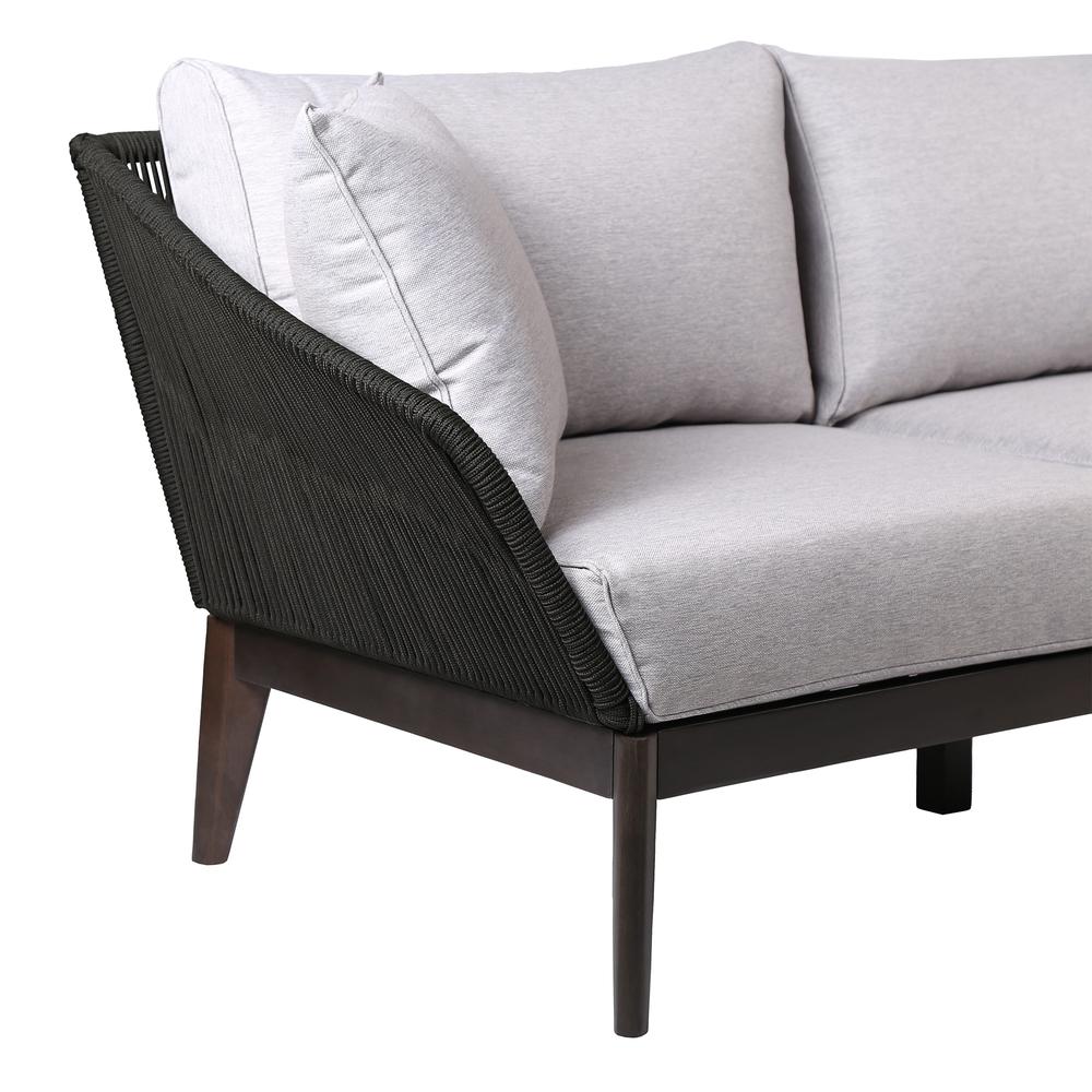 Athos Indoor Outdoor 3 Seater Sofa in Dark Eucalyptus Wood with Latte Rope and Grey Cushions. Picture 3
