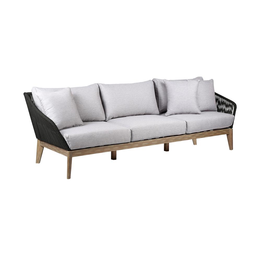 Athos Indoor Outdoor 3 Seater Sofa in Light Eucalyptus Wood with Latte Rope and Grey Cushions. Picture 1