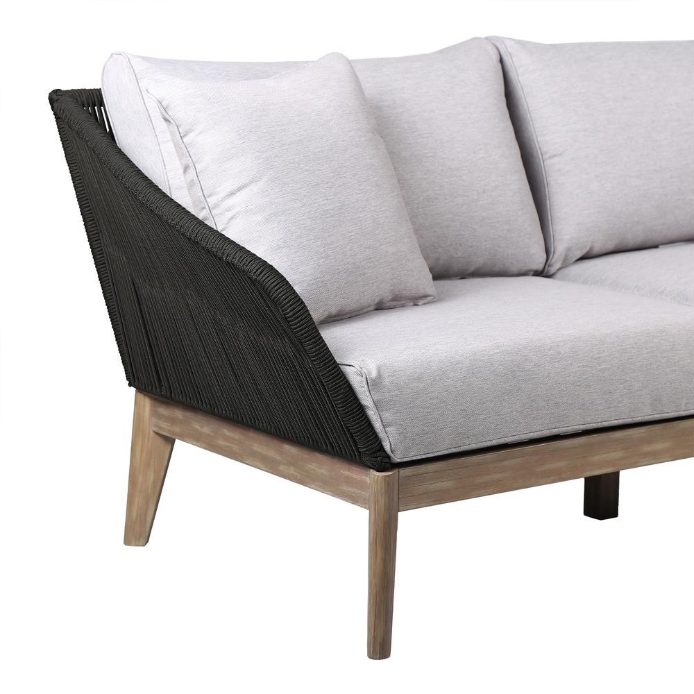 Athos Indoor Outdoor 3 Seater Sofa in Light Eucalyptus Wood with Latte Rope and Grey Cushions. Picture 3