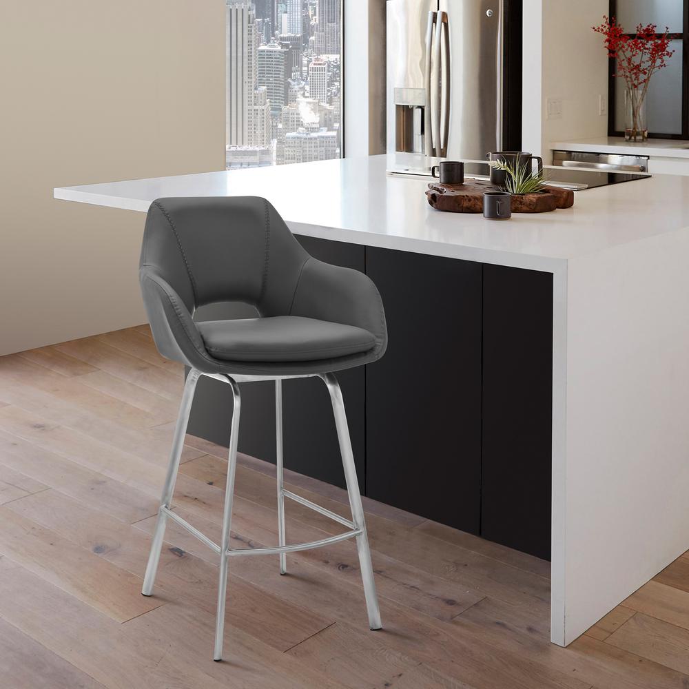Aura Gray Faux Leather and Brushed Stainless Steel Swivel 26" Counter Stool. Picture 6
