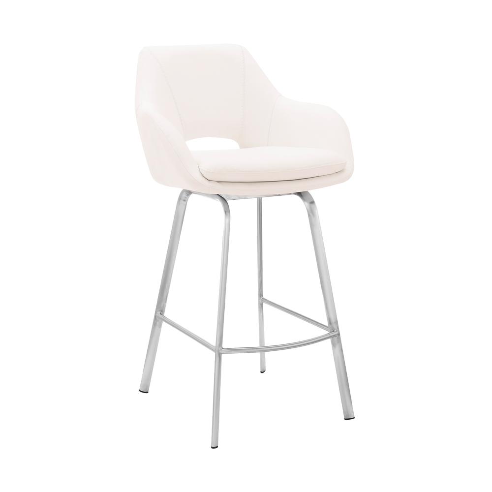 Aura White Faux Leather and Brushed Stainless Steel Swivel 26" Counter Stool. Picture 1