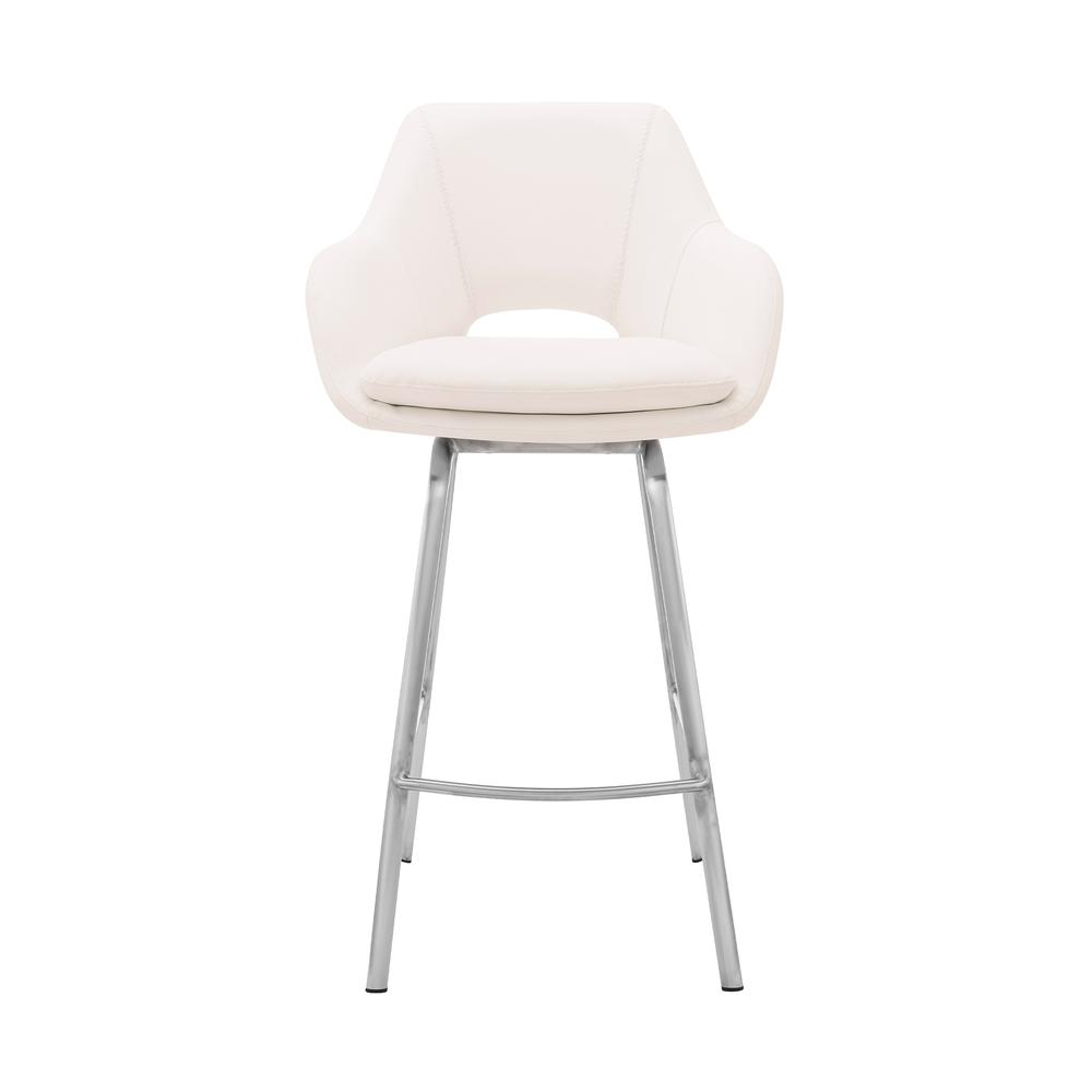 Aura White Faux Leather and Brushed Stainless Steel Swivel 26" Counter Stool. Picture 2