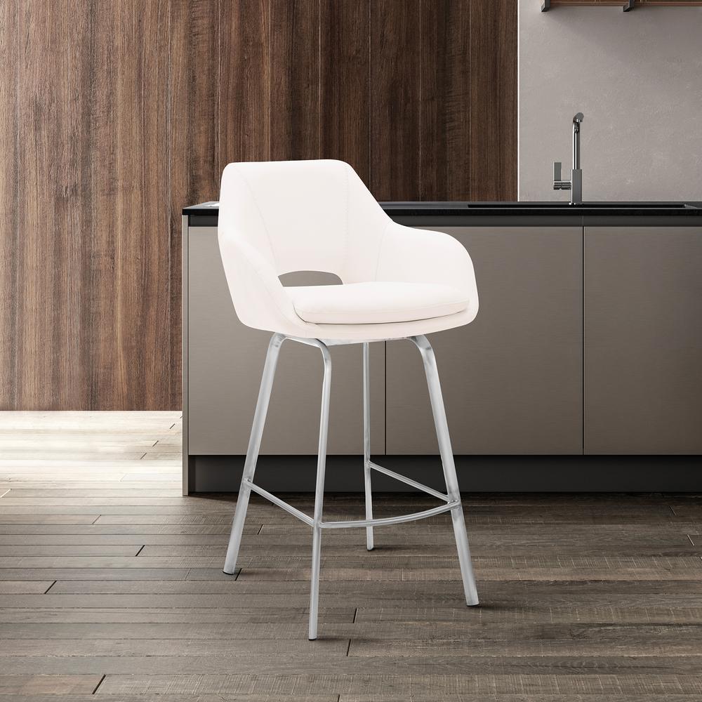 Aura White Faux Leather and Brushed Stainless Steel Swivel 26" Counter Stool. Picture 6