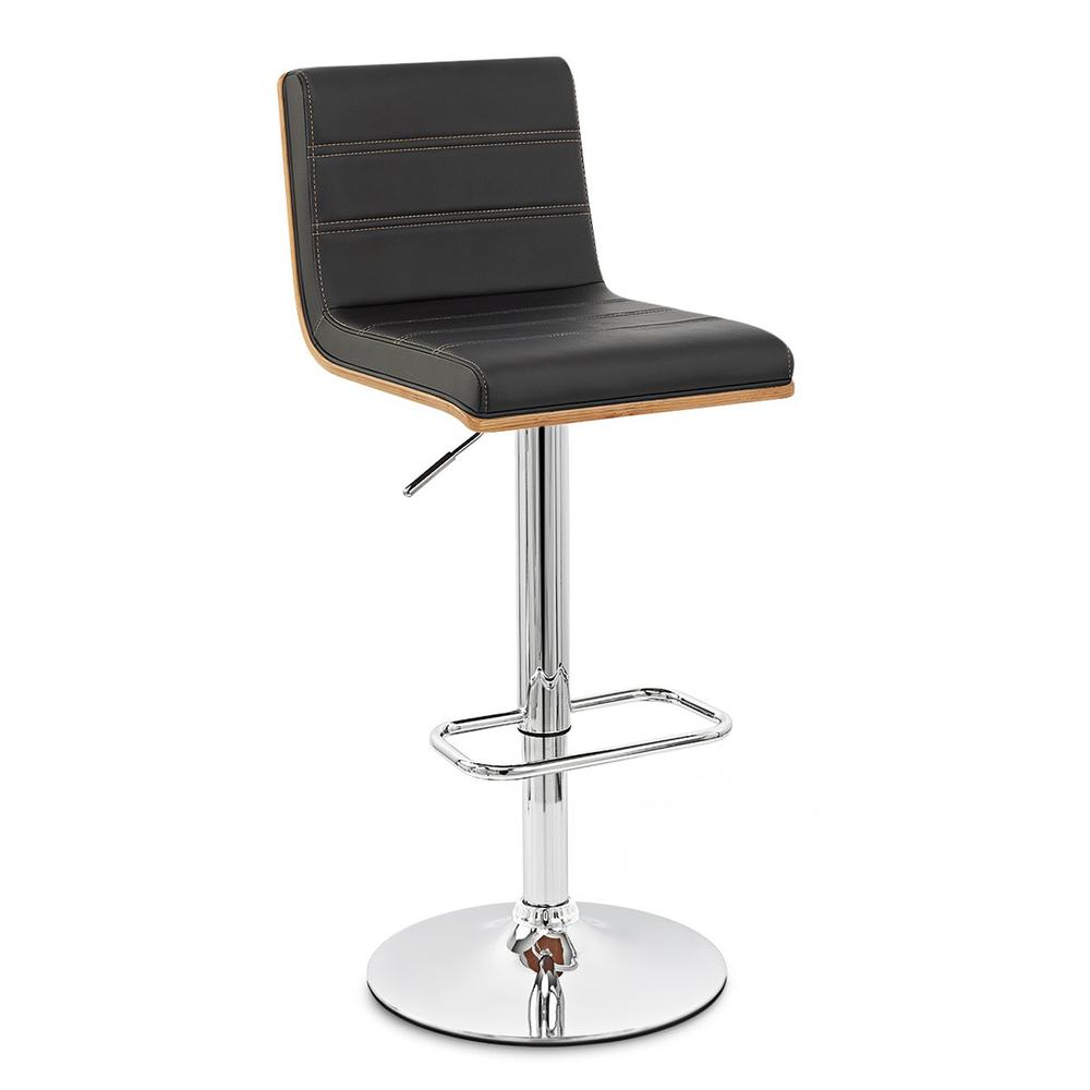 Armen Living Aubrey Barstool Chrome Base finish with Black Faux Leather and Walnut Back. Picture 1