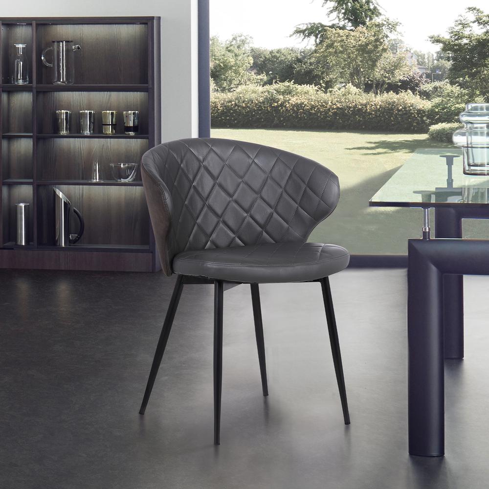 Contemporary Dining Chair in Black Powder Coated Finish and Grey Faux Leather. Picture 6