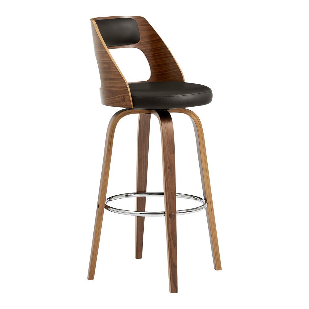 Axel 30" Swivel Bar Stool in Brown Faux Leather and Walnut Wood. Picture 1