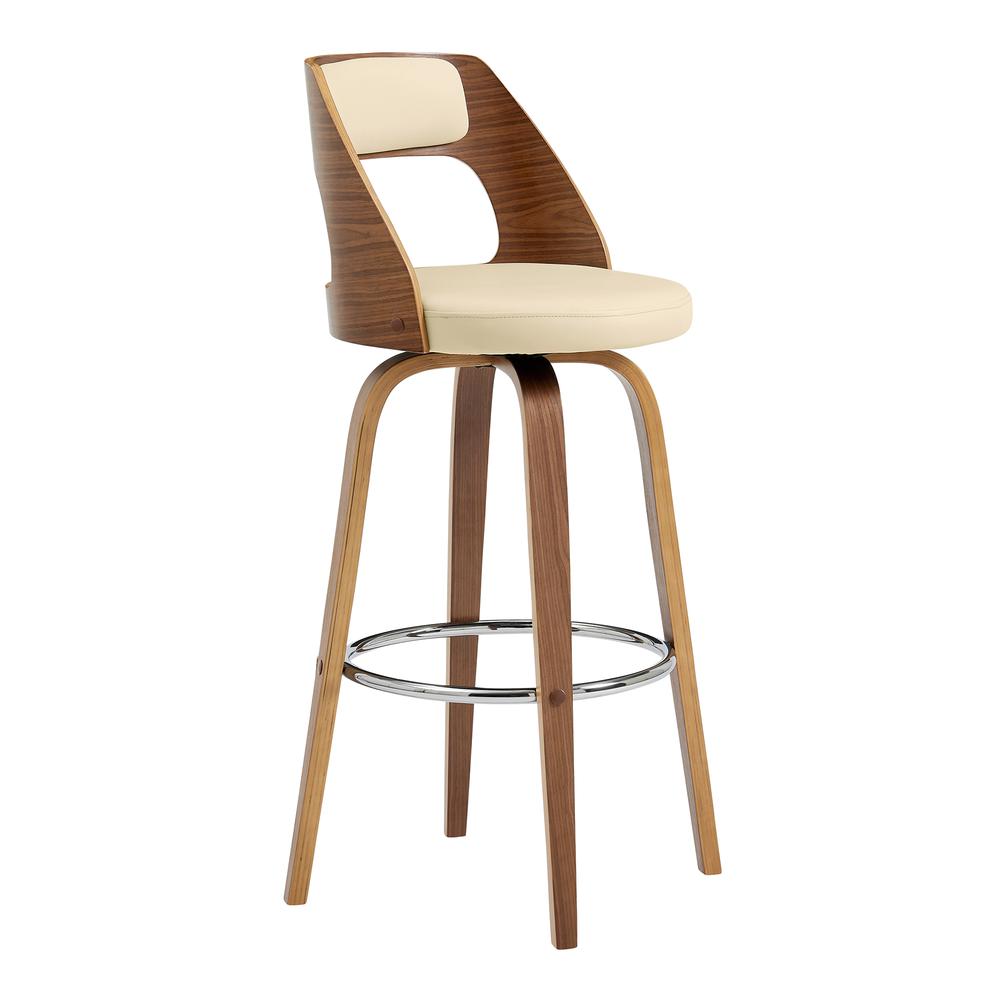 Axel 30" Swivel Bar Stool in Cream Faux Leather and Walnut Wood. Picture 1