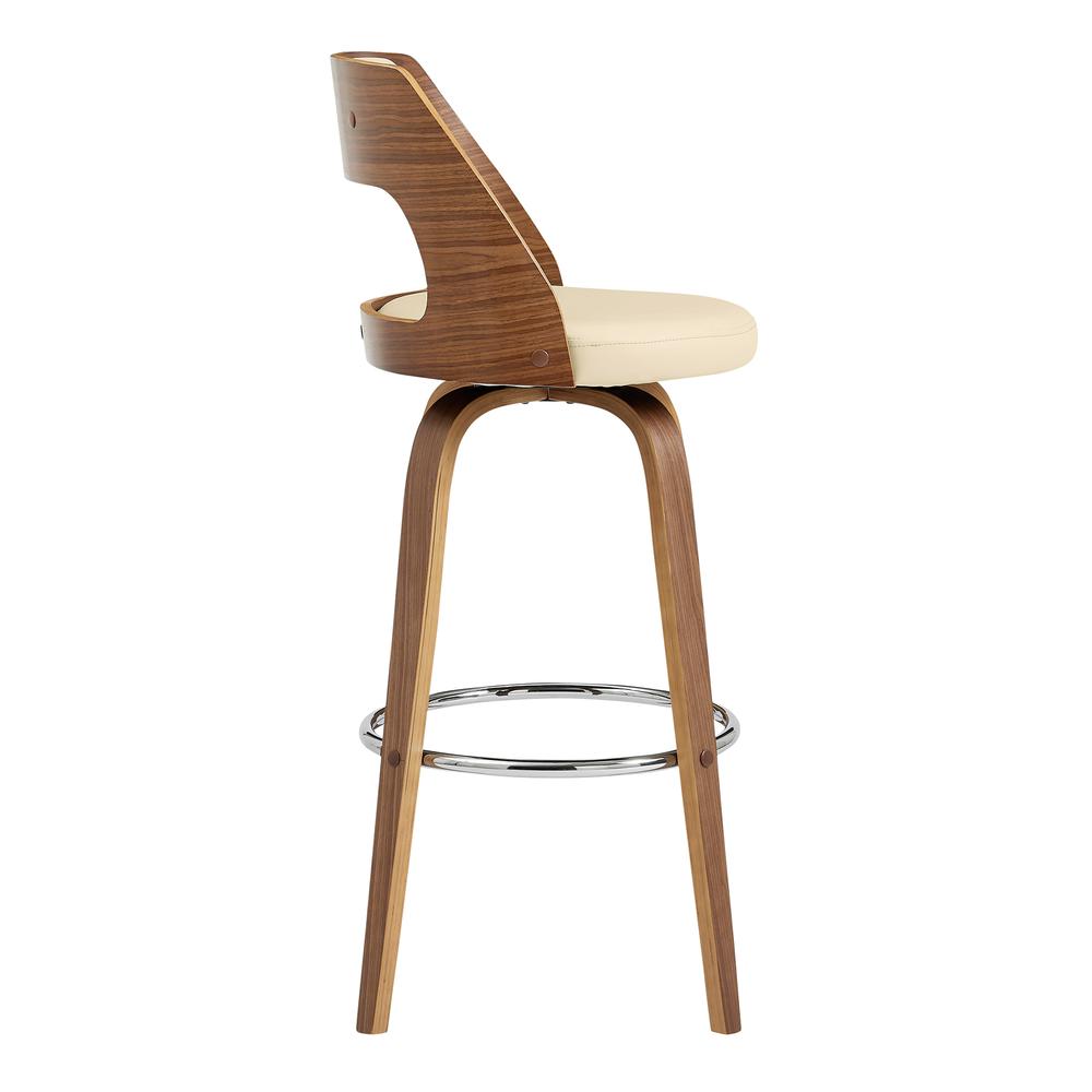 Axel 30" Swivel Bar Stool in Cream Faux Leather and Walnut Wood. Picture 3