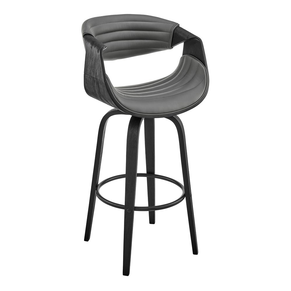 Arya 26" Swivel Counter Stool in Gray Faux Leather and Black Wood. Picture 1
