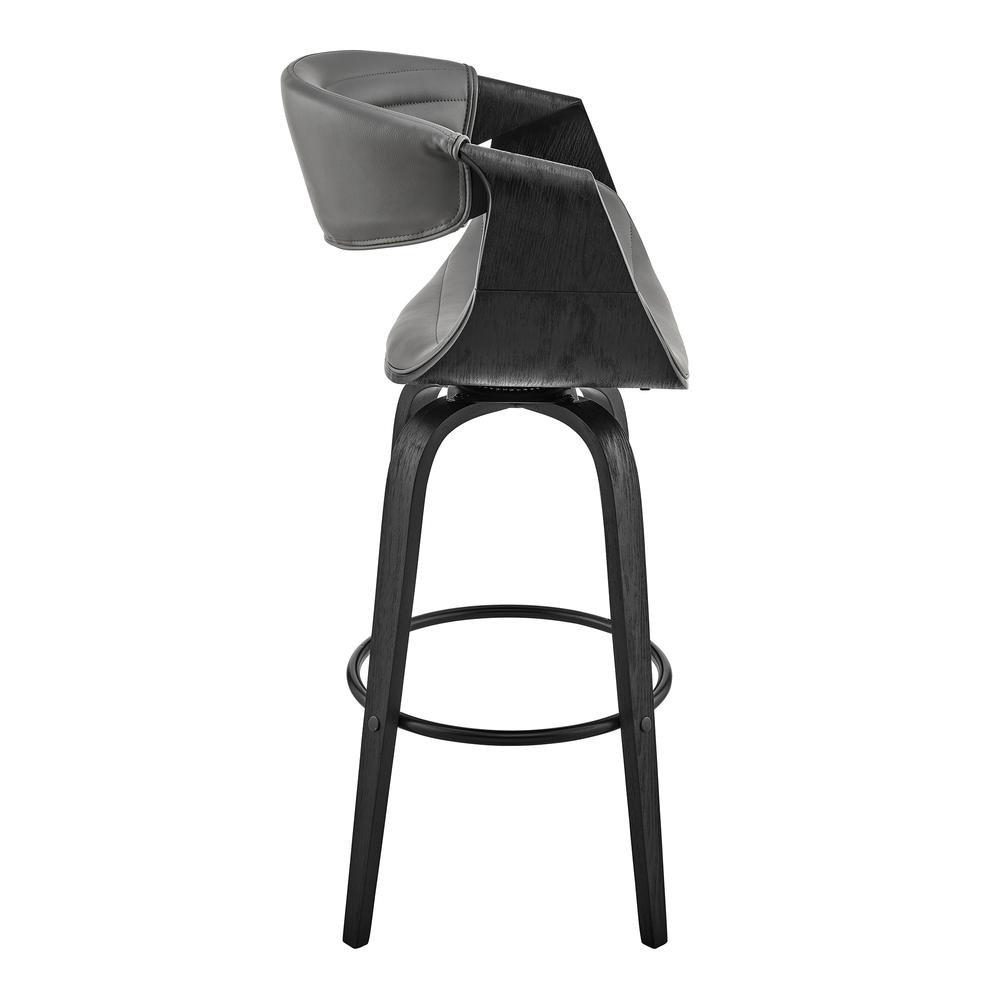 Arya 26" Swivel Counter Stool in Gray Faux Leather and Black Wood. Picture 3