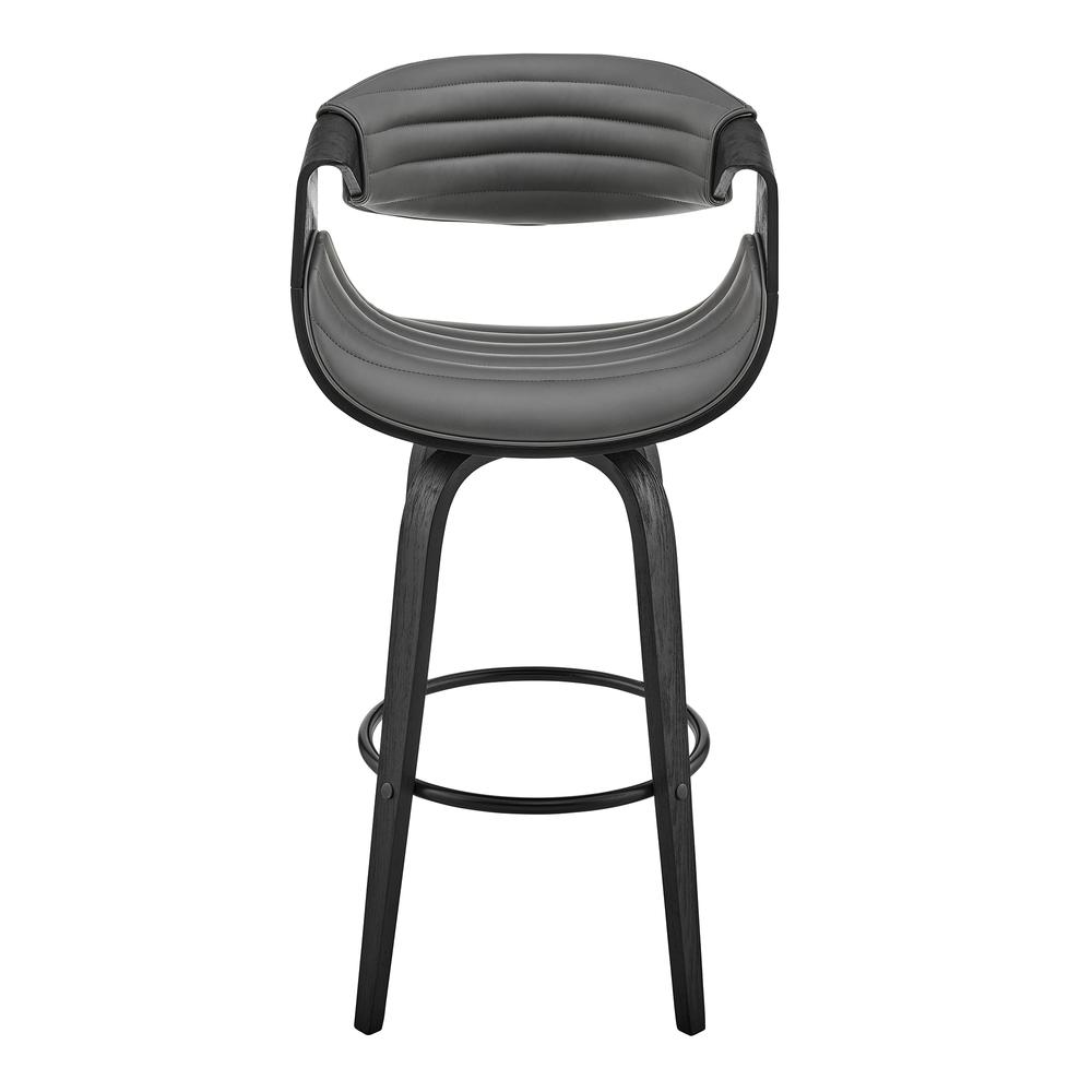 Arya 30" Swivel Bar Stool in Gray Faux Leather and Black Wood. Picture 2