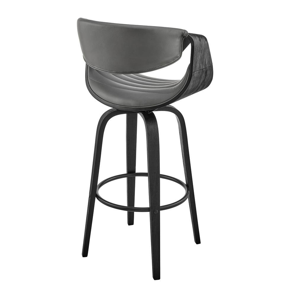 Arya 30" Swivel Bar Stool in Gray Faux Leather and Black Wood. Picture 4