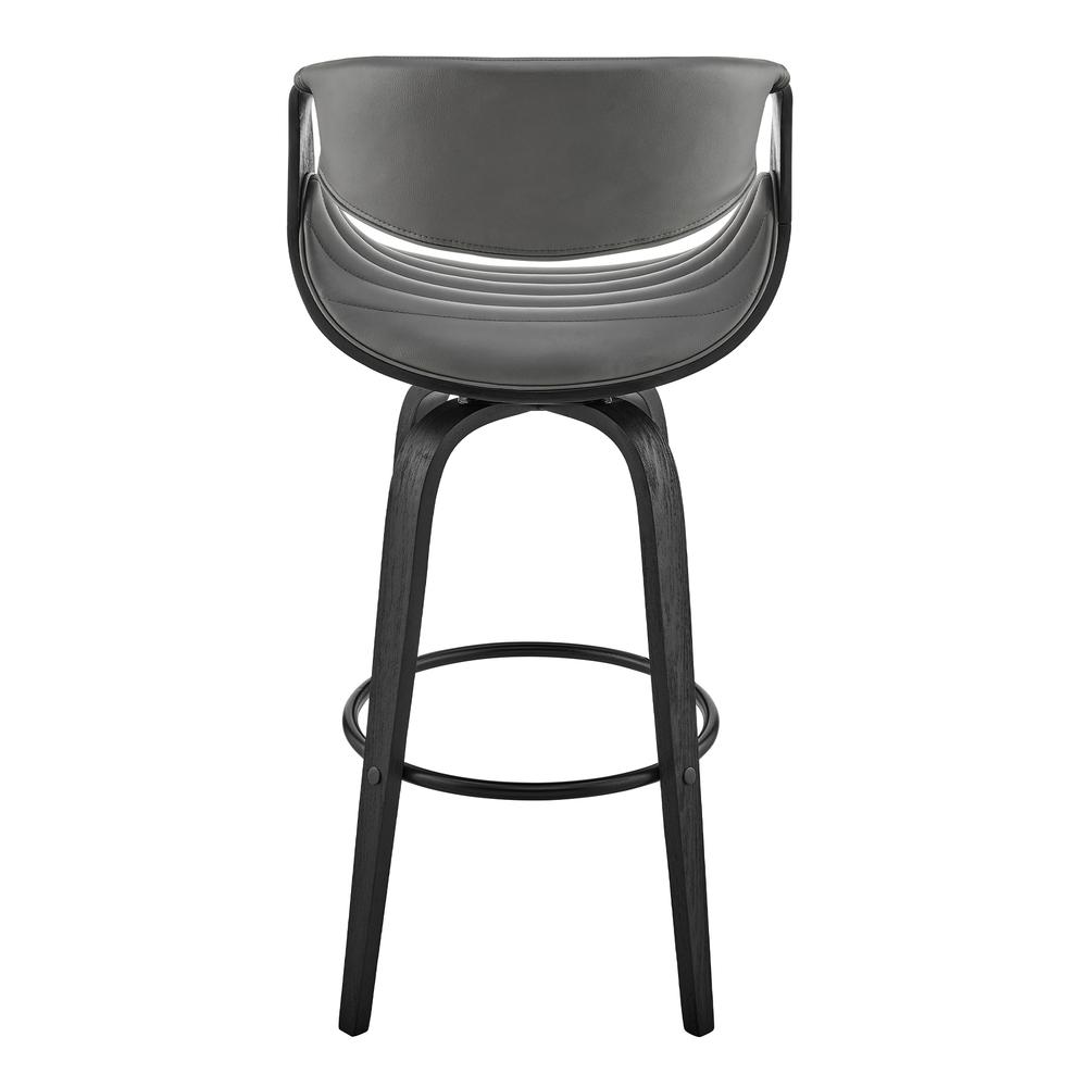 Arya 30" Swivel Bar Stool in Gray Faux Leather and Black Wood. Picture 5