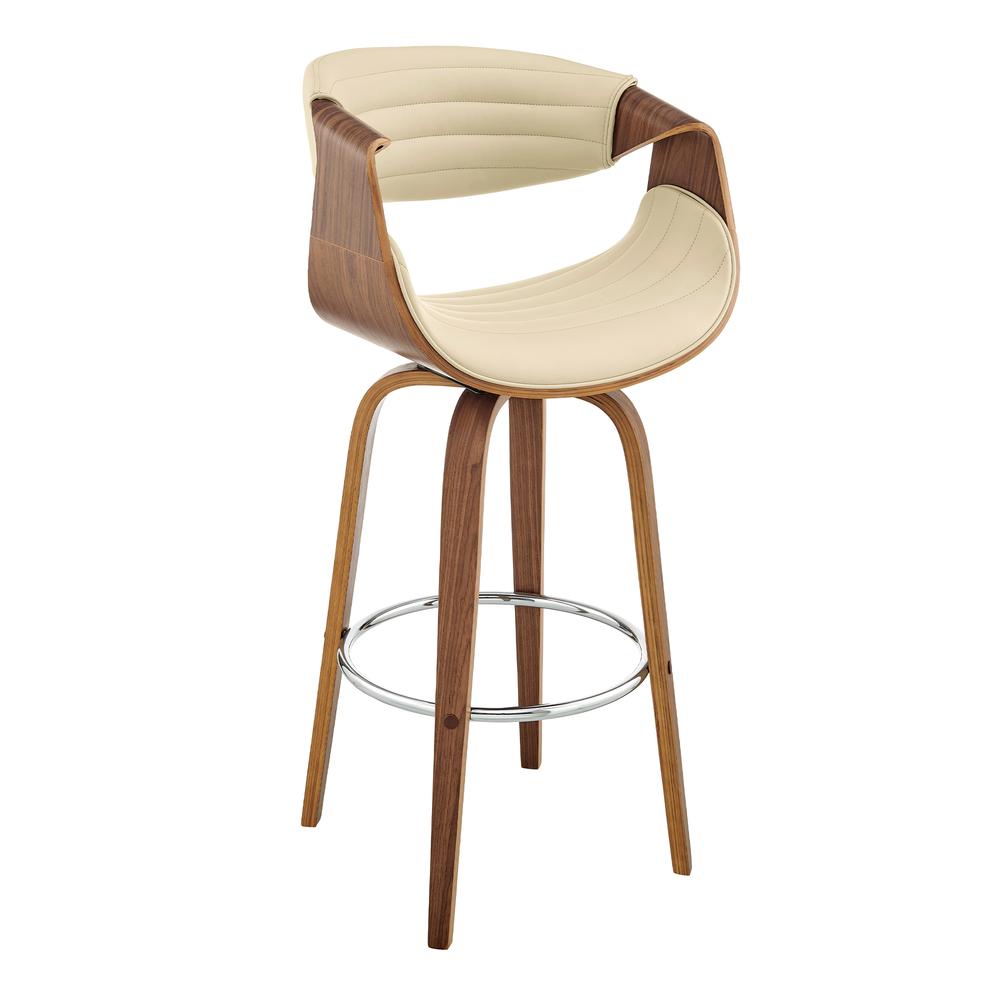 Arya 30" Swivel Bar Stool in Cream Faux Leather and Walnut Wood. Picture 1