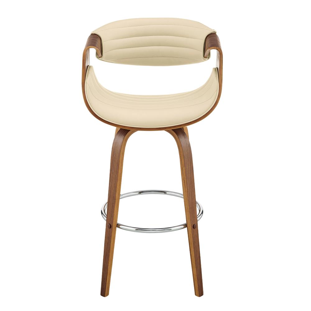 Arya 30" Swivel Bar Stool in Cream Faux Leather and Walnut Wood. Picture 2