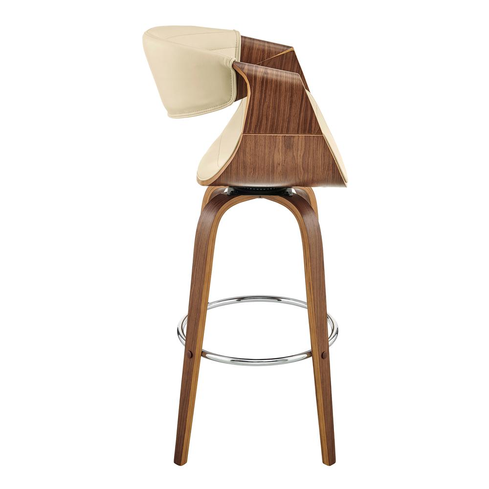 Arya 30" Swivel Bar Stool in Cream Faux Leather and Walnut Wood. Picture 3