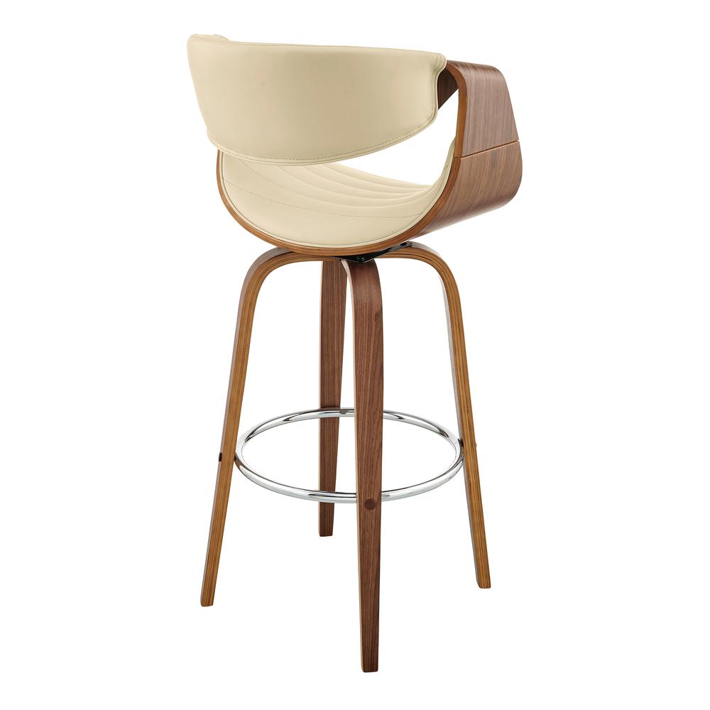 Arya 30" Swivel Bar Stool in Cream Faux Leather and Walnut Wood. Picture 4