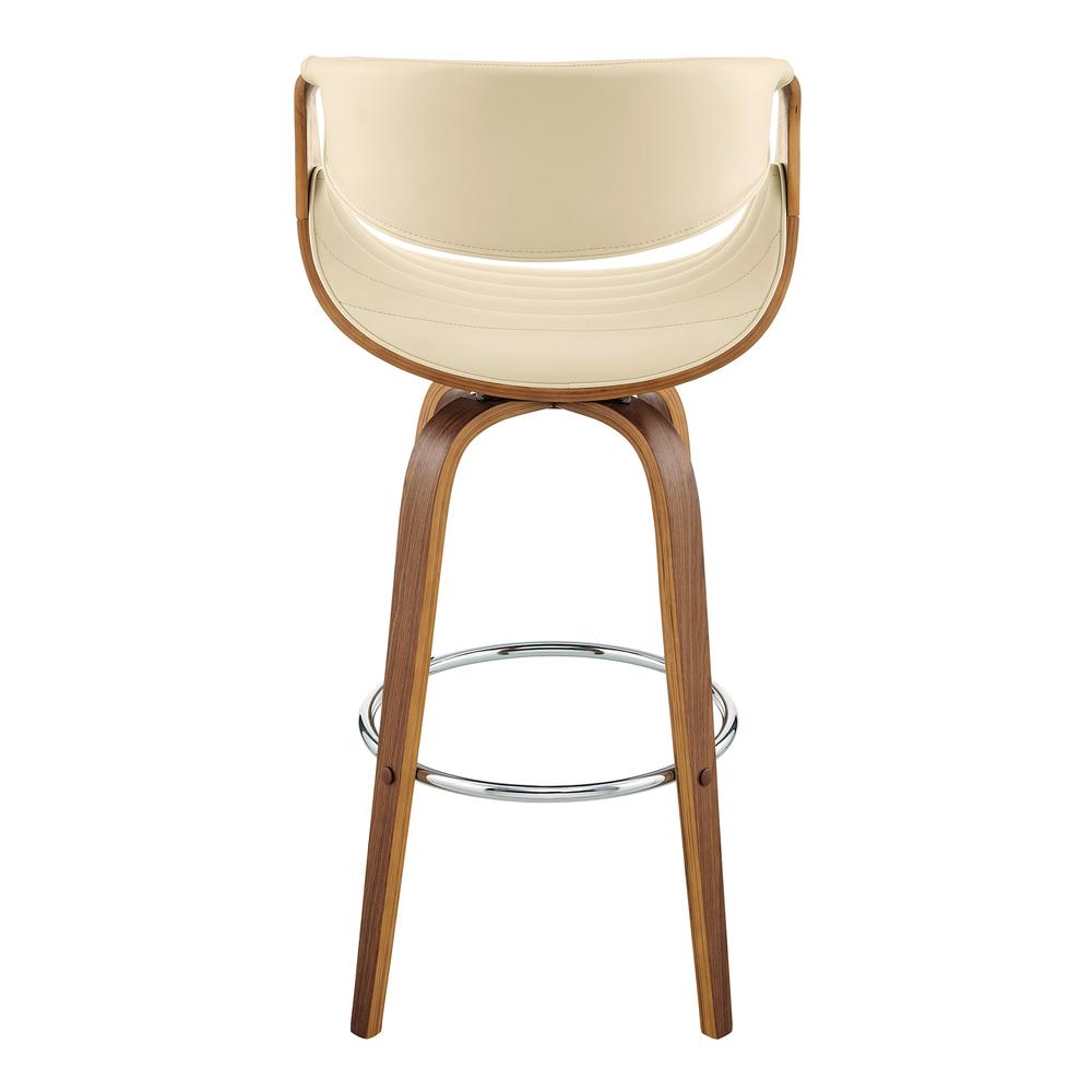 Arya 30" Swivel Bar Stool in Cream Faux Leather and Walnut Wood. Picture 5