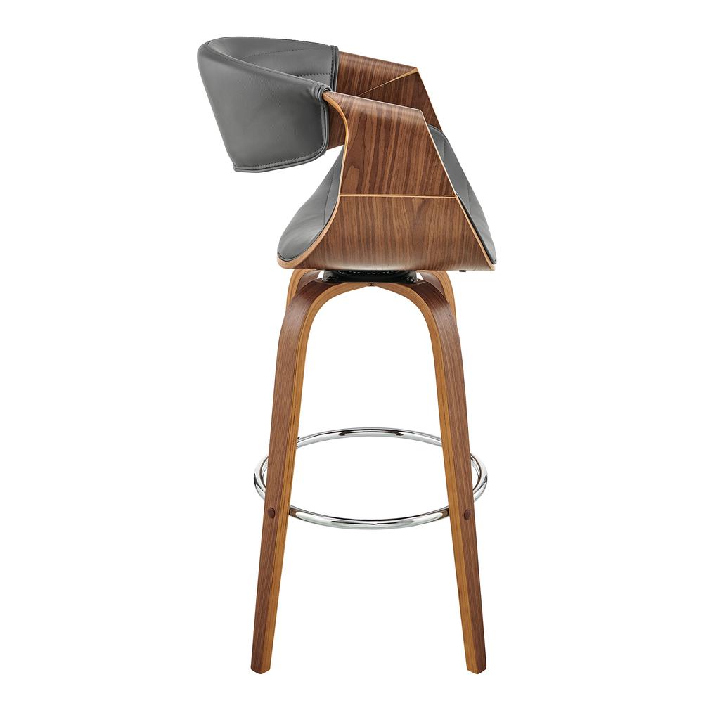 Arya 30" Swivel Bar Stool in Gray Faux Leather and Walnut Wood. Picture 3