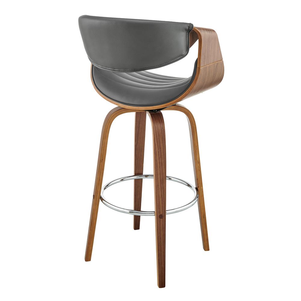 Arya 30" Swivel Bar Stool in Gray Faux Leather and Walnut Wood. Picture 4