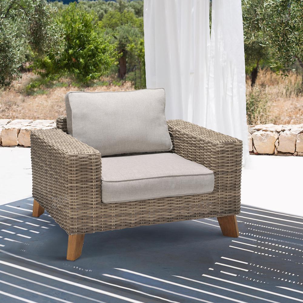 Bahamas Outdoor Wicker & Teak Wood Lounge Chair with Beige Olefin. Picture 8