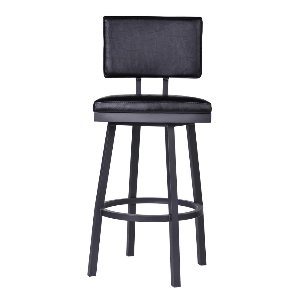 Armen Living Balboa 30” Bar Height Barstool in Black Powder Coated Finish and Vintage Black Faux Leather. Picture 2