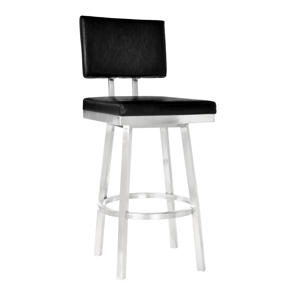 Armen Living Balboa 26” Counter Height Barstool in Brushed Stainless Steel and Vintage Black Faux Leather. Picture 1