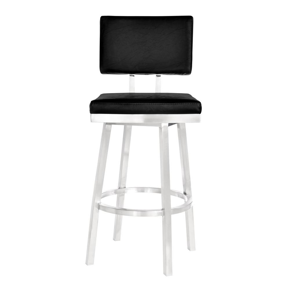 Armen Living Balboa 26” Counter Height Barstool in Brushed Stainless Steel and Vintage Black Faux Leather. Picture 2