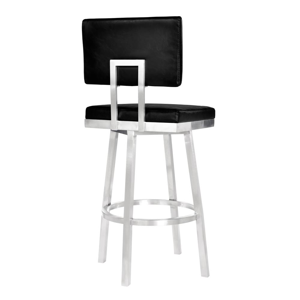 Armen Living Balboa 26” Counter Height Barstool in Brushed Stainless Steel and Vintage Black Faux Leather. Picture 3