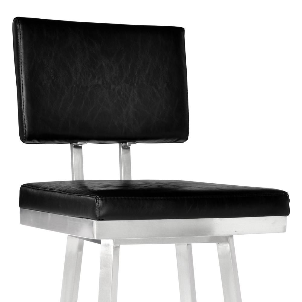 Armen Living Balboa 26” Counter Height Barstool in Brushed Stainless Steel and Vintage Black Faux Leather. Picture 4