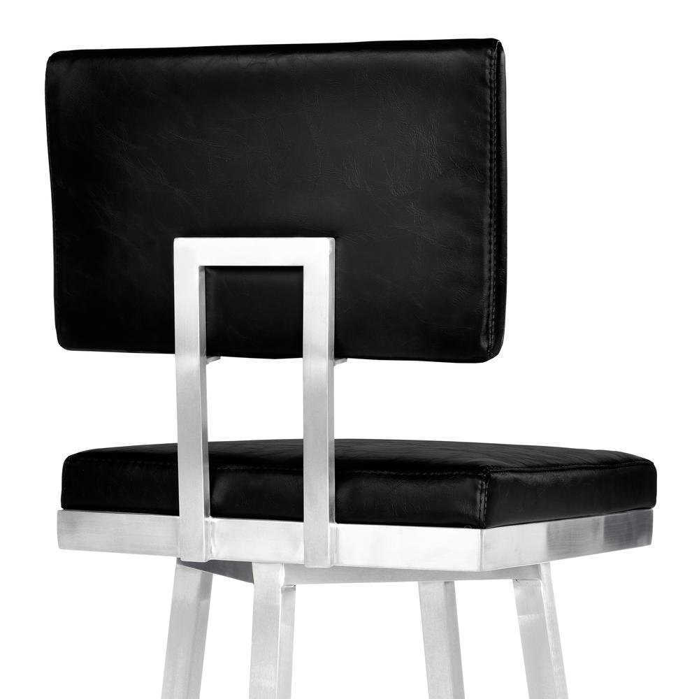 Armen Living Balboa 26” Counter Height Barstool in Brushed Stainless Steel and Vintage Black Faux Leather. Picture 5