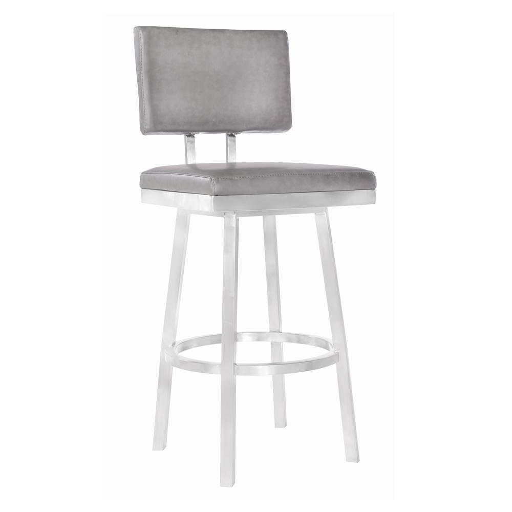 26” Counter Height Barstool in Brushed Stainless Steel and Vintage Grey Faux Leather. Picture 1