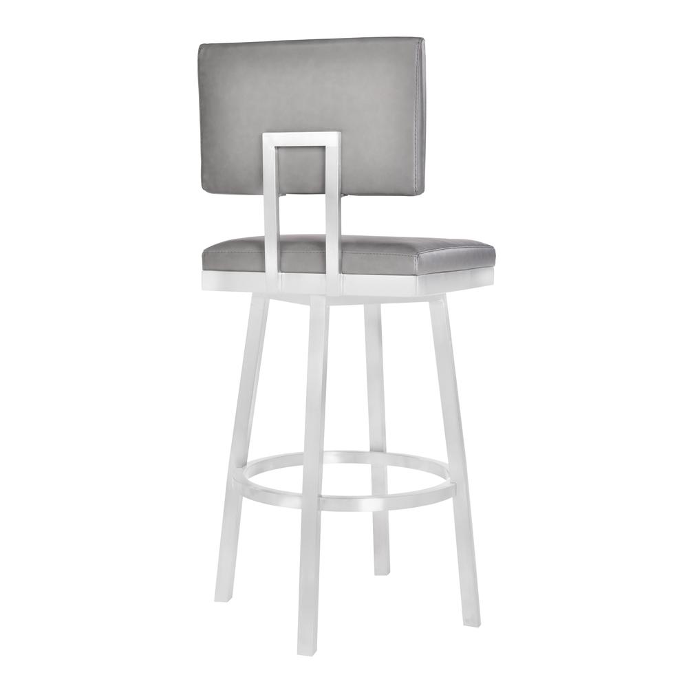 Armen Living Balboa 26” Counter Height Barstool in Brushed Stainless Steel and Vintage Grey Faux Leather. Picture 2