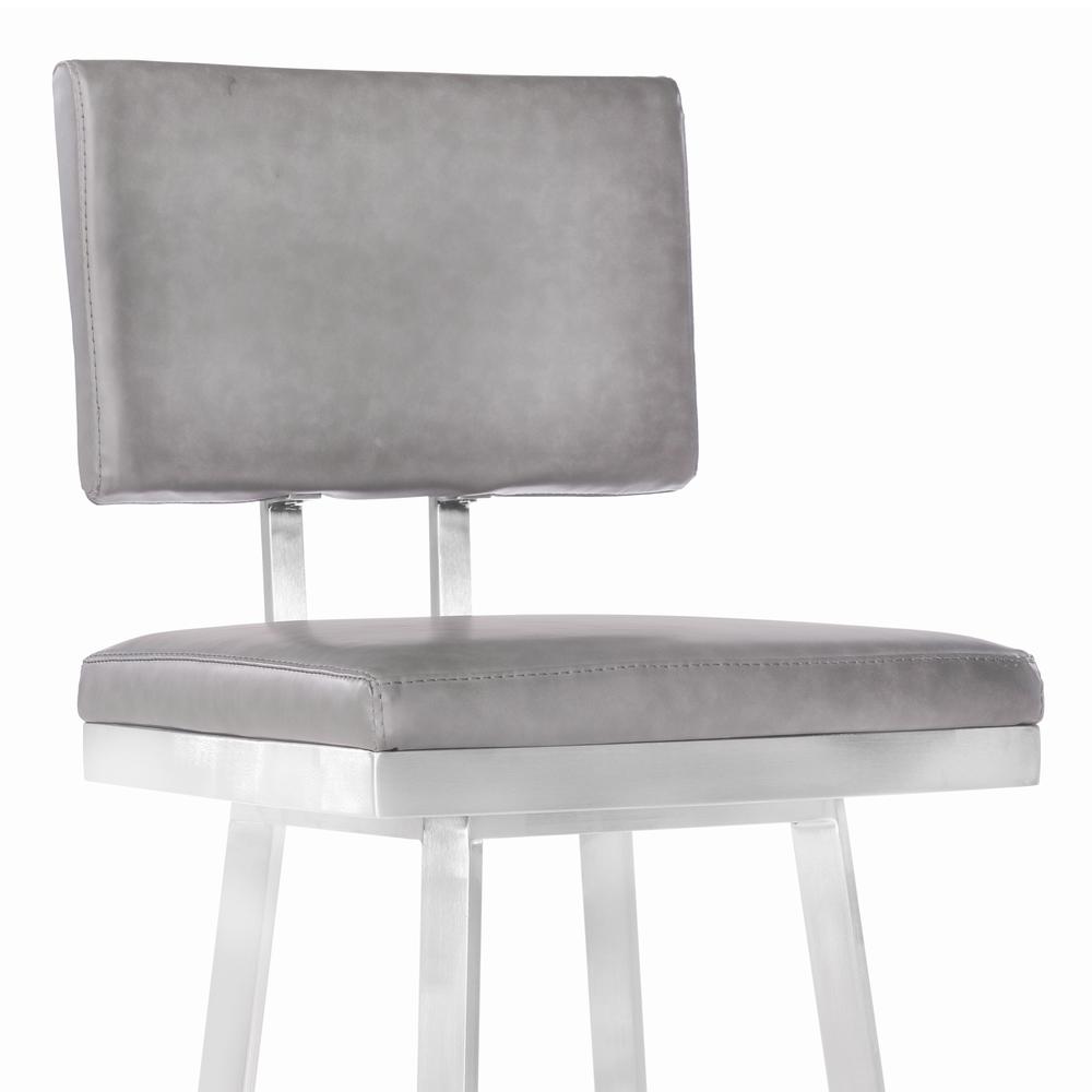Armen Living Balboa 26” Counter Height Barstool in Brushed Stainless Steel and Vintage Grey Faux Leather. Picture 3