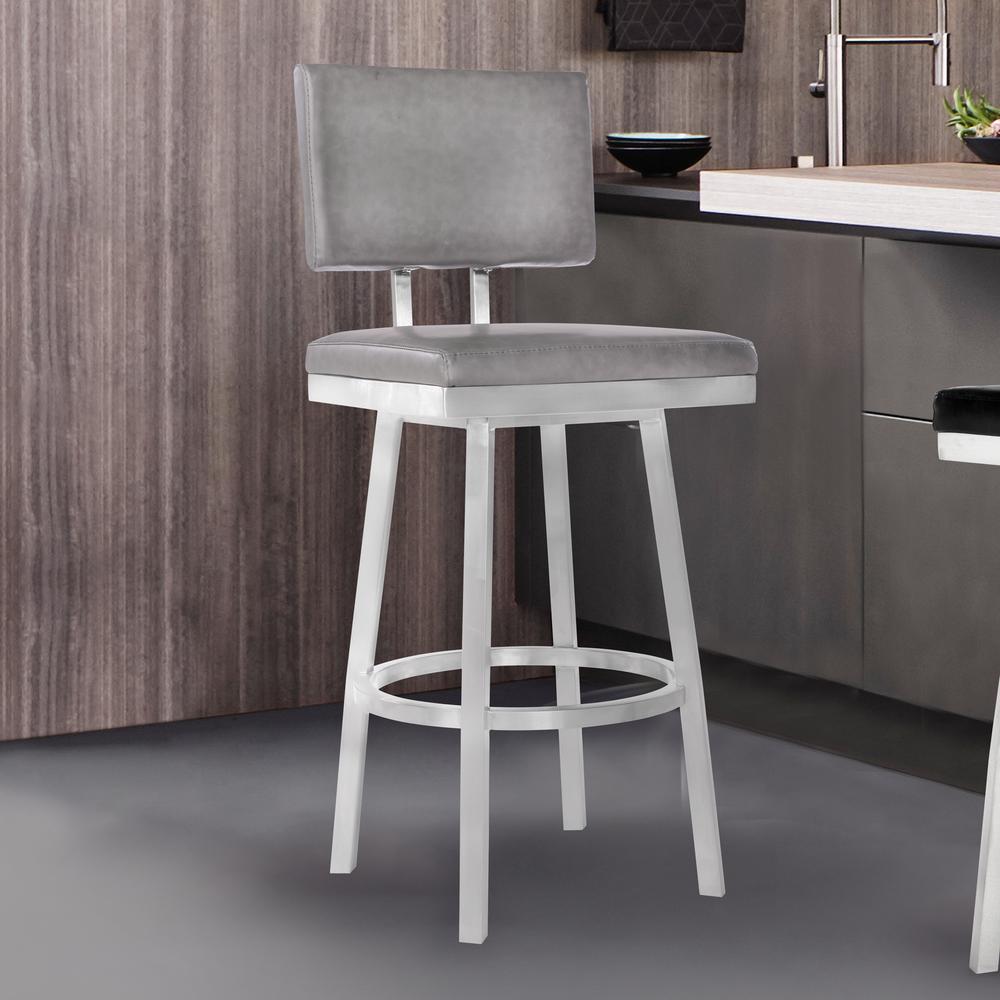 26” Counter Height Barstool in Brushed Stainless Steel and Vintage Grey Faux Leather. Picture 6