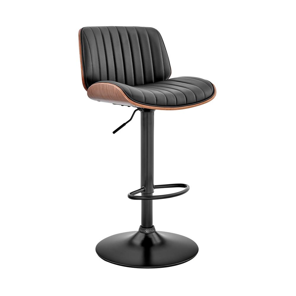 Brock Adjustable Black Faux Leather and Walnut Wood Bar Stool with Black Base. Picture 1