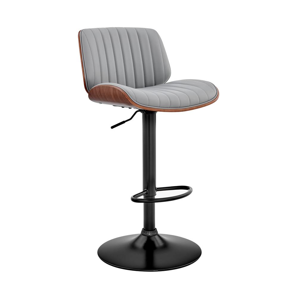 Brock Adjustable Gray Faux Leather and Walnut Wood with Black Finish Bar Stool. The main picture.
