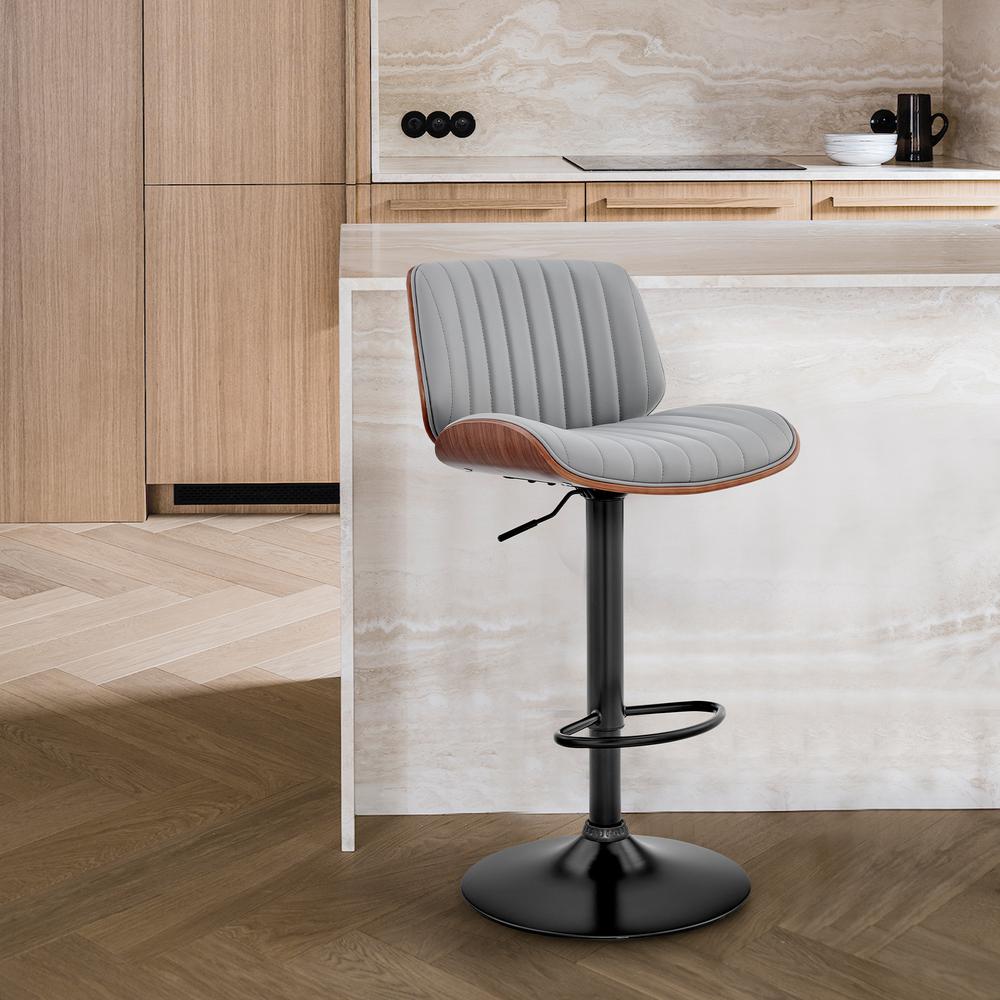 Brock Adjustable Gray Faux Leather and Walnut Wood with Black Finish Bar Stool. Picture 6