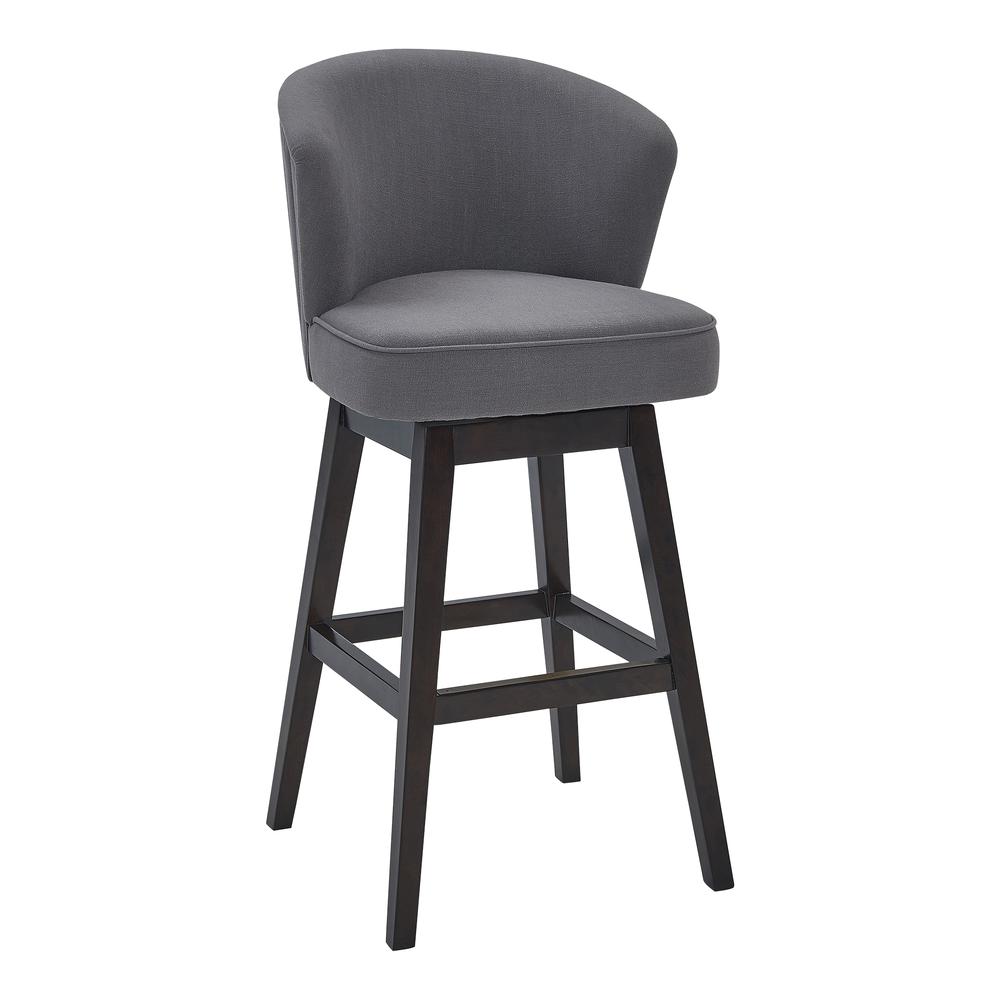 30" Bar Height Wood Swivel Barstool in Espresso Finish with Grey Fabric. Picture 1