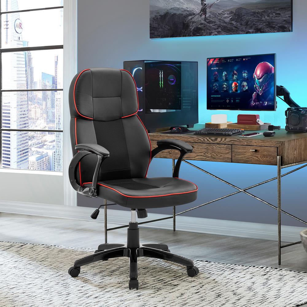 Bender Adjustable Racing Gaming Chair in Black Faux Leather with Red Accents. Picture 9