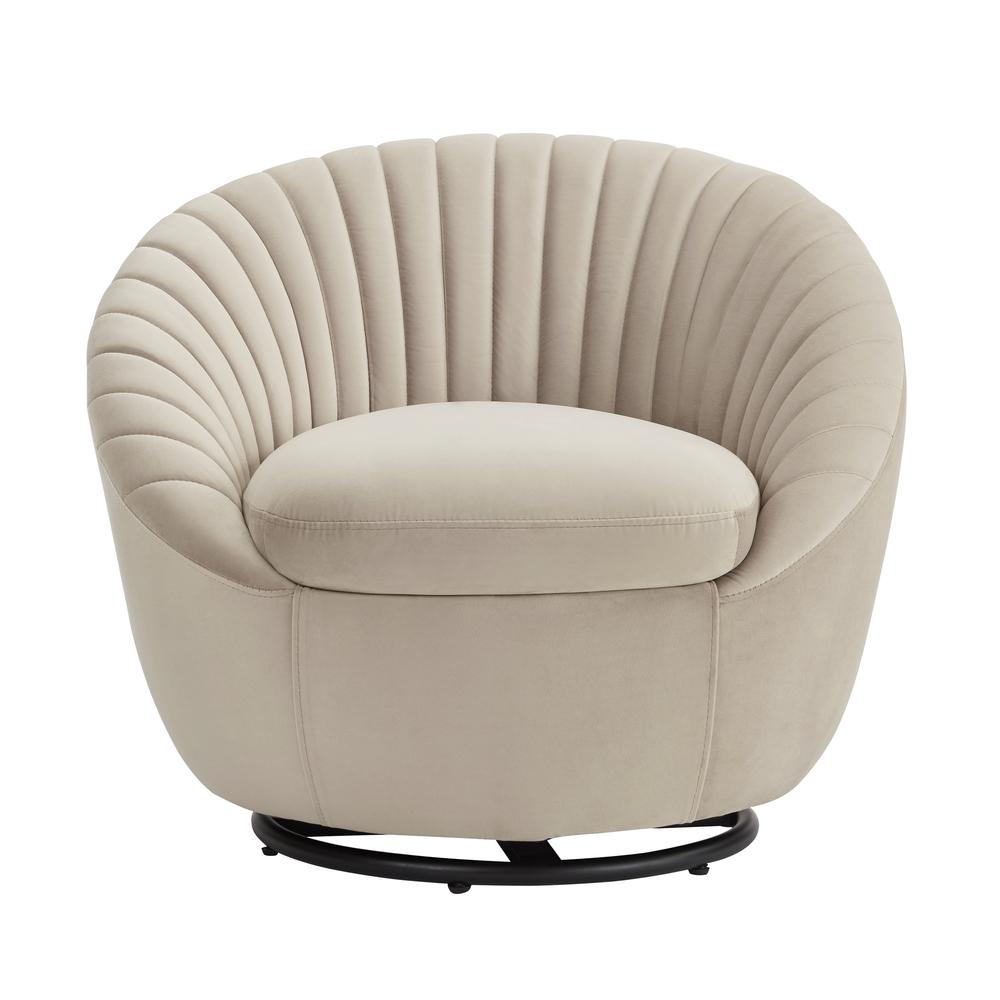 Bella Biege Velvet Swivel Accent Chair with Black Base. Picture 2